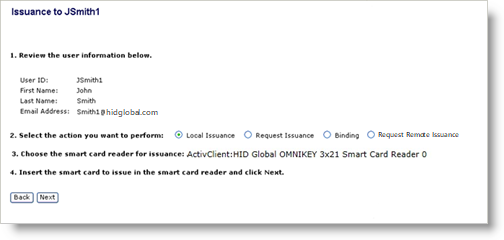 Issuance dialog box for JSmith1 displaying user info in step 1, with Local Issuance selected in step 2 and a card reader selected in step 3